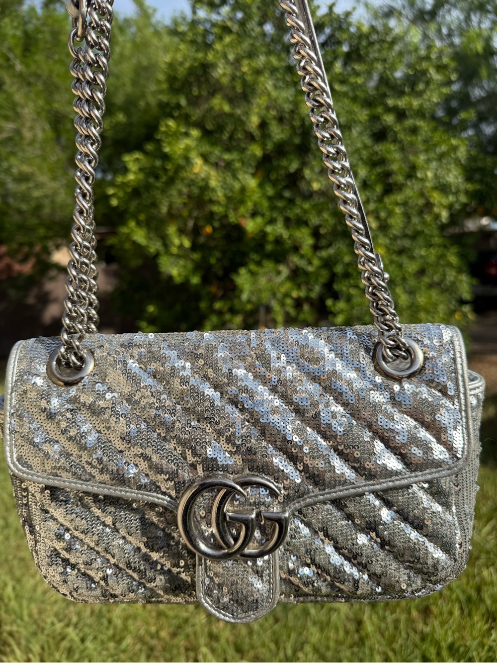 Gucci Silver Sequin GG Marmont Shoulder Bag